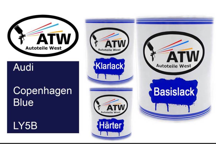 Audi, Copenhagen Blue, LY5B: 1L Lackdose + 1L Klarlack + 500ml Härter - Set, von ATW Autoteile West.